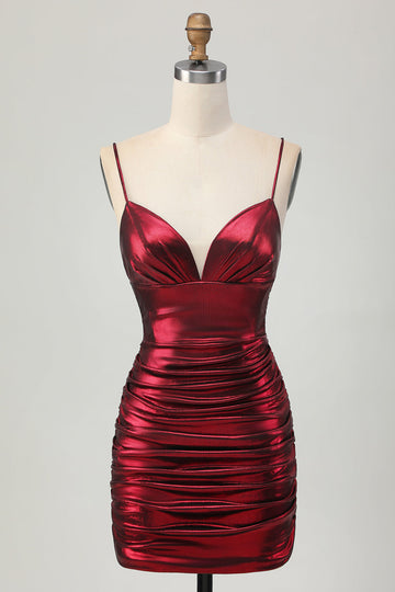 Metallic Burgundy Bodycon Pleated Short Cocktail Dress